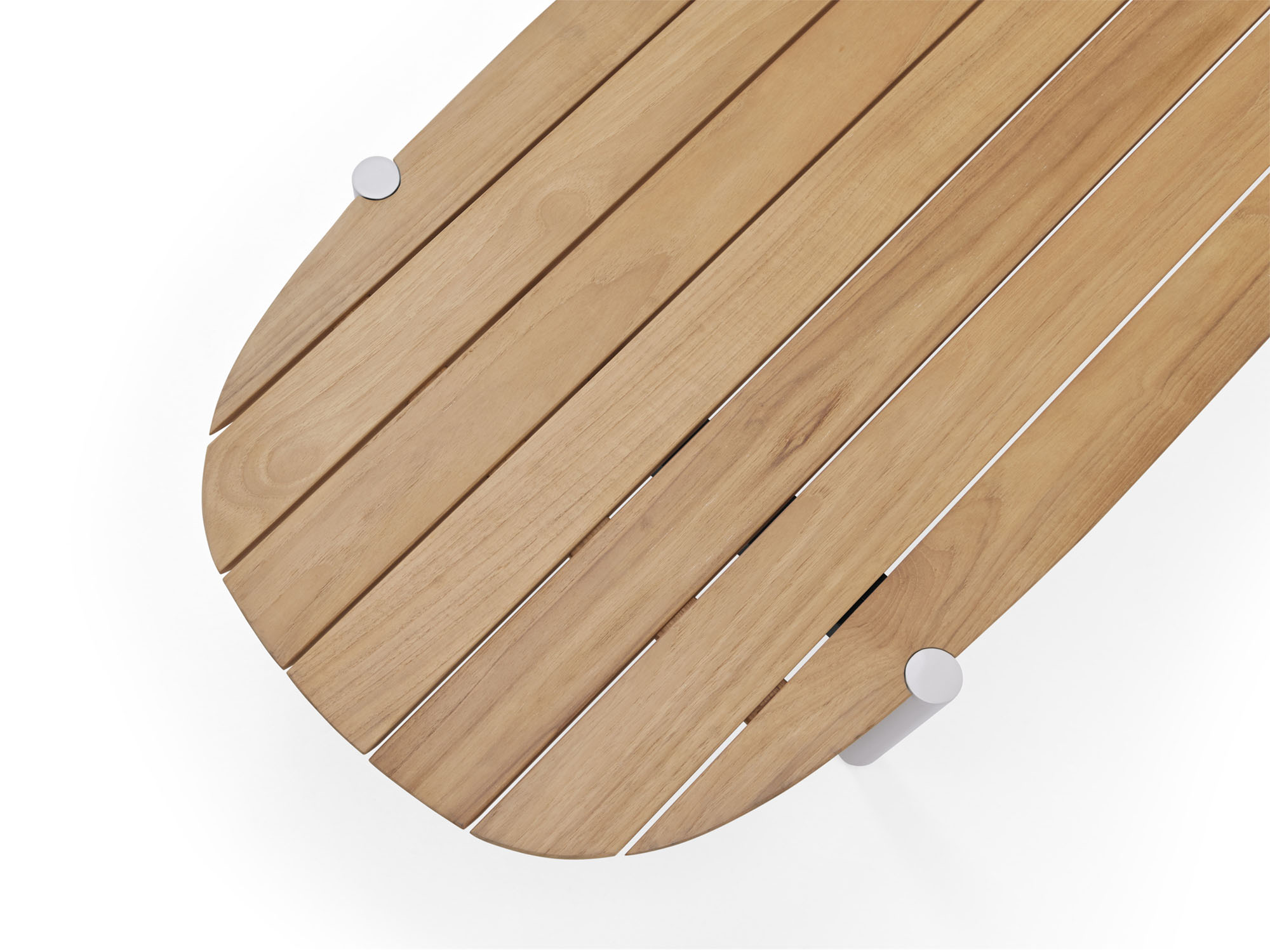 Overhead detail view of oval wood outdoor coffee table with white legs